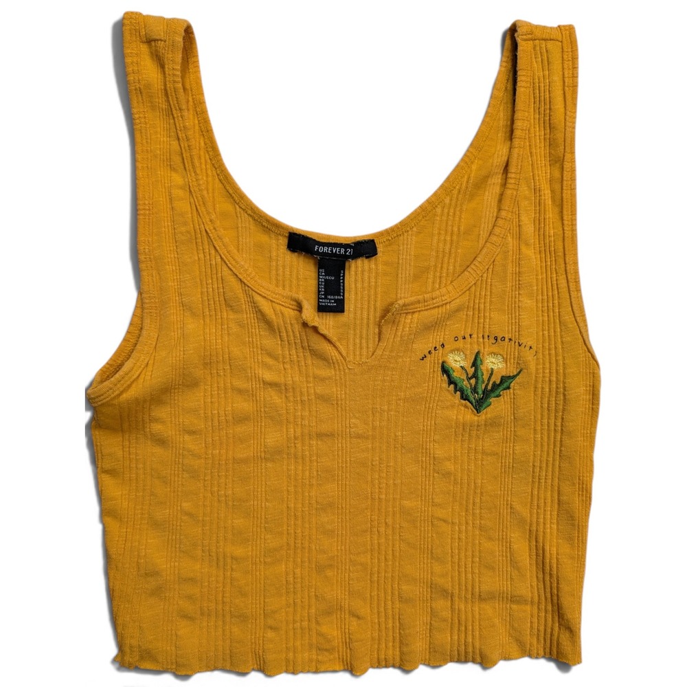Forever 21 Womens Ribbed Crop Tank Top Small Weed Out Negativity Yellow